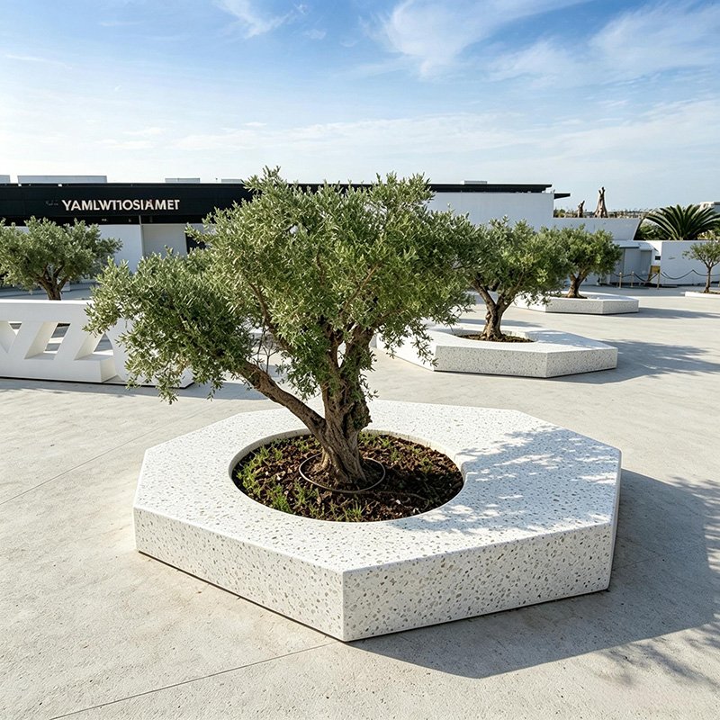 Modular Hexagonal Integrated Terrazzo Tree Pit Bench for Public Plaza