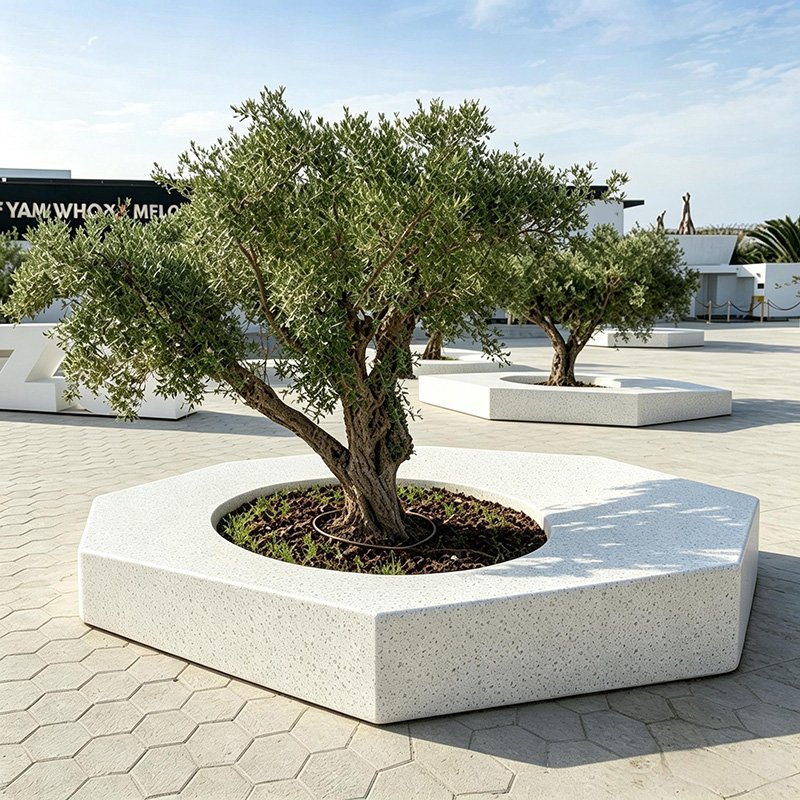 Modular Hexagonal Integrated Terrazzo Tree Pit Bench for Public Plaza