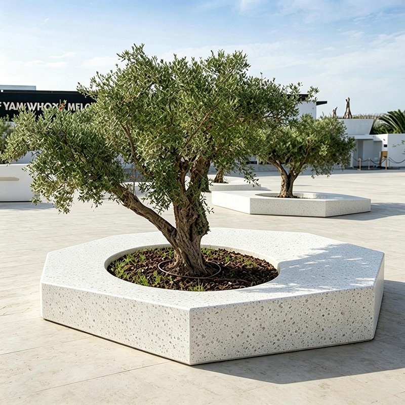 Modular Hexagonal Integrated Terrazzo Tree Pit Bench for Public Plaza
