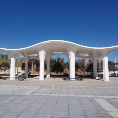 Large-scale stainless steel pergola and uniquely shaped landscape pavilion with steel structure