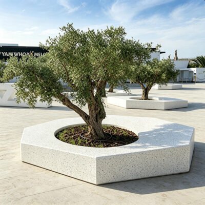 1 Modular Hexagonal Integrated Terrazzo Tree Pit Bench for Public Plaza