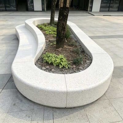 1 Organic Curved Segmented Terrazzo Tree Pit Bench for Commercial Plaza