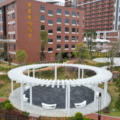 Large stainless steel circular pergola and landscape pavilion