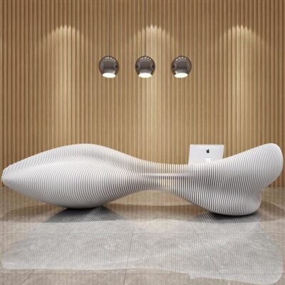 2 Custom-shaped service counter with a wood-slice finish