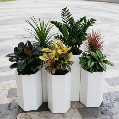 Hexagonal FRP Planter Set White Geometric Fiberglass Flower Pots