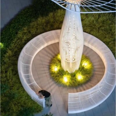 1 Outdoor stainless steel circular tree-surround bench with cutout design