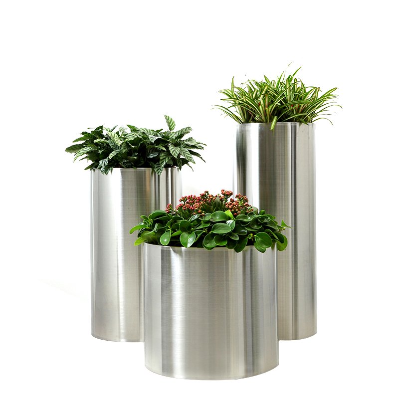 Cylindrical Stainless Steel Landscape Planter Set
