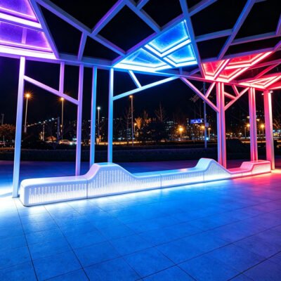 3 LED Lighted Precast Concrete Curved Outdoor Bench