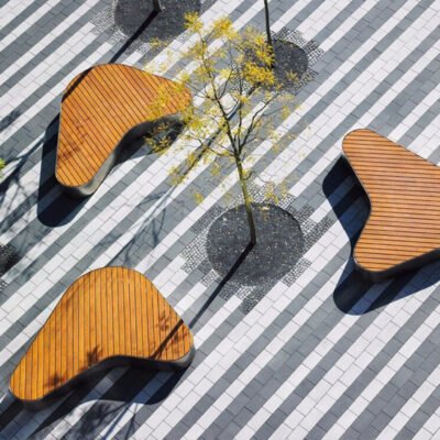 01 Outdoor Landscape Bench with Stainless Steel Structure and Wooden Seat — Custom‑Shaped Design