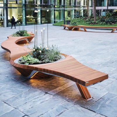 切片木艺座椅主图 Outdoor Landscape Seating Combination – Planter & Bench Made of Wood Slats