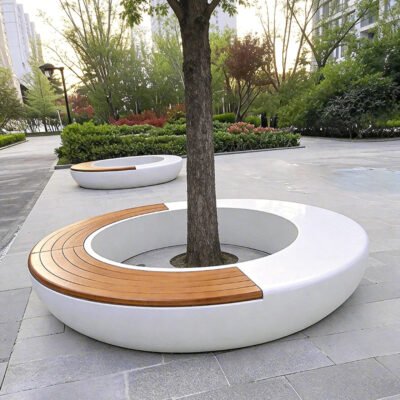 Round Fiberglass Tree Surround Bench With Wood Seat