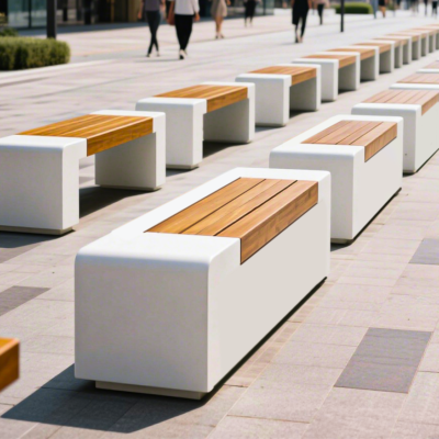 2 GRC Concrete Long Bench with Wood-Effect Finish | UHPC Landscape Seating