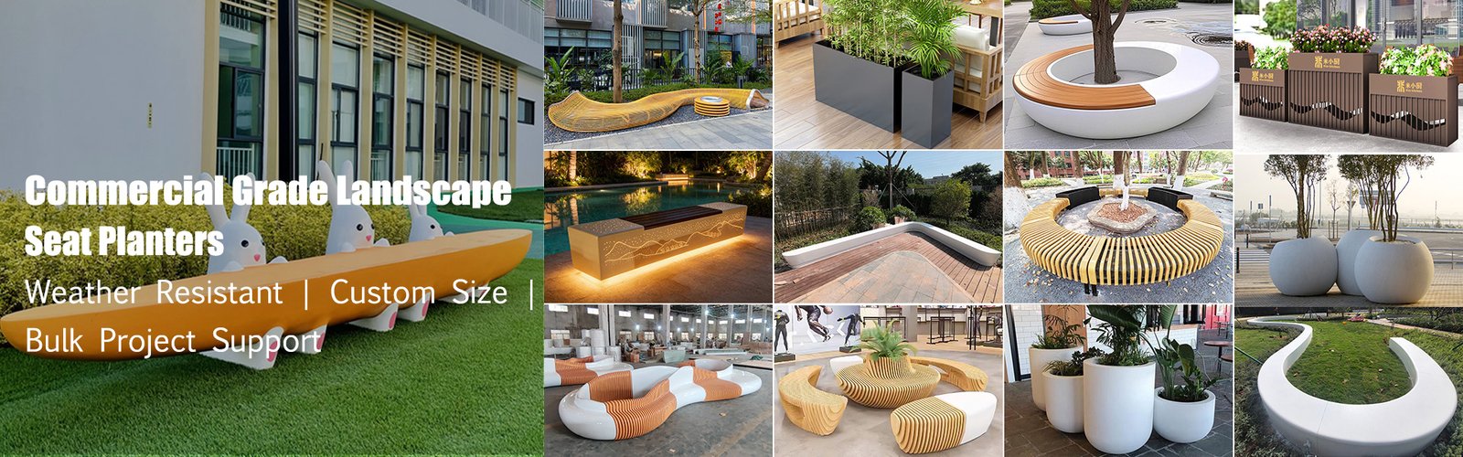 FRP seats, concrete benches, stainless steel benches & wood slice seats