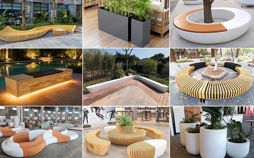 FRP seats, concrete benches, stainless steel benches & wood slice seats
