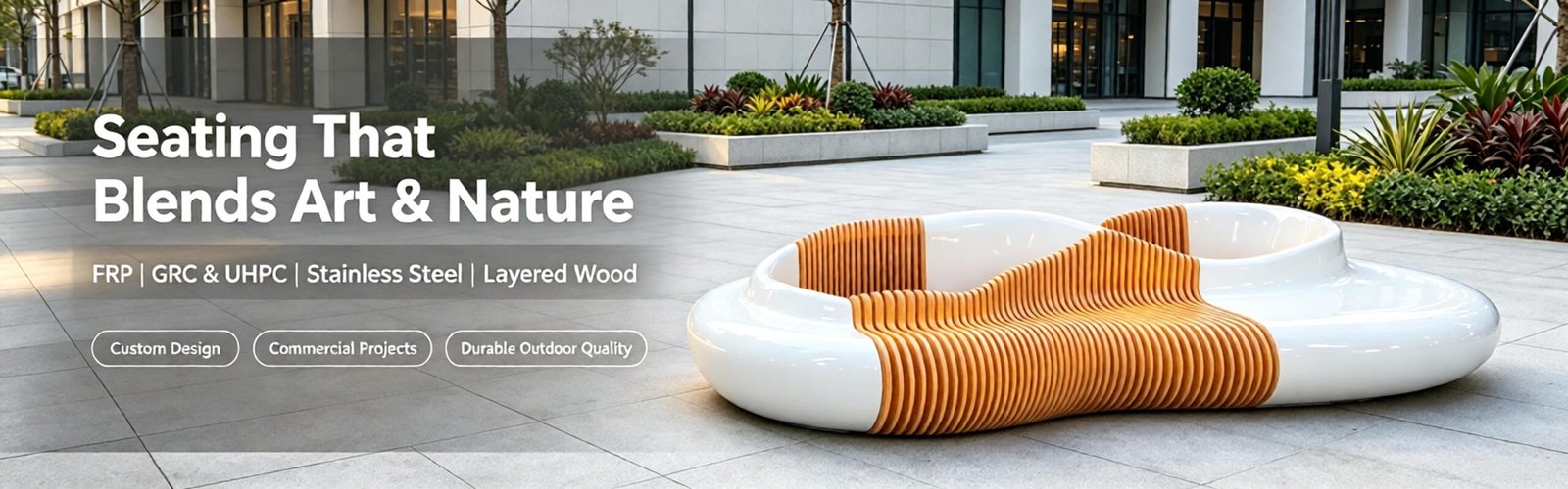 FRP seats, concrete benches, stainless steel benches & wood slice seats