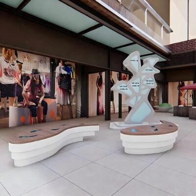 Layered Curved Fiberglass Bench With Wood‑Look Top