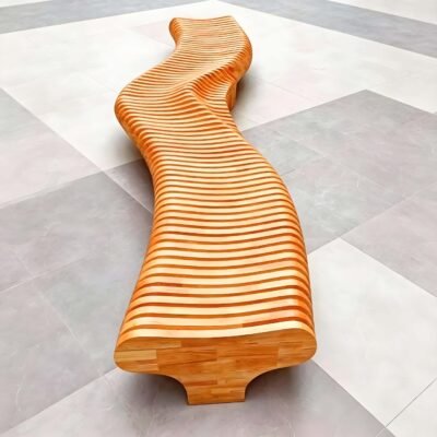 1 S‑Shape Wave Sliced Parametric Wood Bench for Indoor Public Space